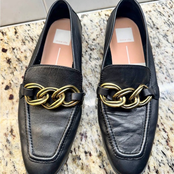 Dolce Vita Black Leather Loafers with Gold Chain Accent - Picture 1 of 3